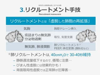 リクルートメントとは「虚脱した肺胞の再拡張」
     気胸 胸腔ドレーン挿⼊
      痰詰まりの無気肺
      分泌物過剰
吸引, 気管⽀鏡
      無気肺, 肺浸潤影
肺リクルートメント※
PEEP, 体位変換 (腹臥位など)
※肺リクルートメントは, 40cmH2Oで 30-40秒維持
–  静脈還流量低下するので, 循環に注意…
–  びまん性虚脱には効果的かも！
–  背⾯限局性虚脱では正常肺が圧障害…
3.リクルートメント⼿技
Recruitment maneuvers
致死的な低酸素⾎症に対する治療
 