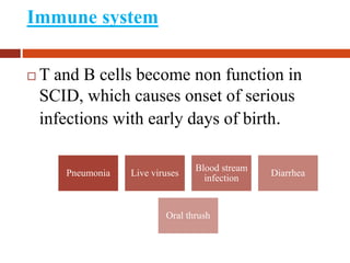 Immune system
 T and B cells become non function in
SCID, which causes onset of serious
infections with early days of birth.
Pneumonia Live viruses
Blood stream
infection
Diarrhea
Oral thrush
 