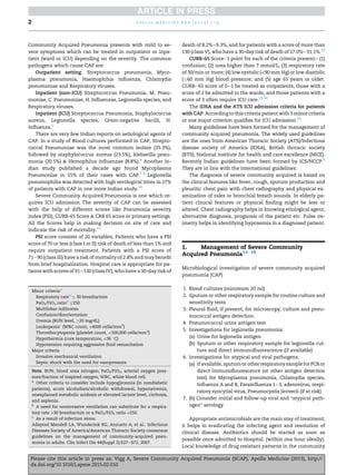 Community Acquired Pneumonia presents with mild to se-
vere symptoms which can be treated in outpatient or inpa-
tient (ward or ICU) depending on the severity. The common
pathogens which cause CAP are:
Outpatient setting: Streptococcus pneumonia, Myco-
plasma pneumonia, Haemophilus inﬂuenza, Chlamydia
pneumoniae and Respiratory viruses.
Inpatient (non-ICU) Streptococcus Pneumonia, M. Pneu-
moniae, C. Pneumoniae, H. Inﬂuenzae, Legionella species, and
Respiratory viruses.
Inpatient (ICU) Streptococcus Pneumonia, Staphylococcus
aureus, Legionella species, Gram-negative bacilli, H.
Inﬂuenza.2
There are very few Indian reports on aetiological agents of
CAP. In a study of Blood cultures performed in CAP, Strepto-
coccal Pneumoniae was the most common isolate (35.3%),
followed by staphylococcus aureus (23.5%), klebseilla pneu-
monia (20.5%) & Hemophilus inﬂuenzae (8.8%).8
Another In-
dian study published a decade ago found Mycoplasma
Pneumoniae in 15% of their cases with CAP.7,9
Legionella
pneumophilia was detected with high serological titres in 27%
of patients with CAP in one more Indian study.10
Severe Community Acquired Pneumonia is one which re-
quires ICU admission The severity of CAP can be assessed
with the help of different scores like Pneumonia severity
index (PSI), CURB-65 Score & CRB 65 score in primary settings.
All the Scores help in making decision on site of care and
indicate the risk of mortality.11
PSI score consists of 20 variables, Patients who have a PSI
score of 70 or less (class I or II) risk of death of less than 1% and
require outpatient treatment. Patients with a PSI score of
71e90 (class III) have a risk of mortality of 2.8% and may beneﬁt
from brief hospitalization. Hospital care is appropriate for pa-
tients with scores of 91e130 (class IV), who have a 30-day risk of
death of 8.2%e9.3%, and for patients with a score of more than
130 (class V), who have a 30-day risk of death of 27.0%e31.1%.12
CURB-65 Score- 1 point for each of the criteria present:- (1)
confusion; (2) urea higher than 7 mmol/L; (3) respiratory rate
of 30/min or more; (4) low systolic (<90 mm Hg) or low diastolic
(60 mm Hg) blood pressure; and (5) age 65 years or older.
CURB- 65 score of 0e1 be treated as outpatients; those with a
score of 2 be admitted to the wards, and those patients with a
score of 3 often require ICU care.13,14
The IDSA and the ATS ICU admission criteria for patients
with CAP: According to this criteria patient with 3 minor criteria
or one major criterion qualiﬁes for ICU admission.15
Many guidelines have been formed for the management of
community acquired pneumonia. The widely used guidelines
are the ones from American Thoracic Society (ATS)/Infectious
disease society of America (IDSA), British thoracic society
(BTS), National institute for health and care excellence (NICE).
Recently Indian guidelines have been formed by ICS/NCCP.9
They are in line with the international guidelines.
The diagnosis of severe community acquired is based on
the clinical features like fever, cough, sputum production and
pleuritic chest pain with chest radiography and physical ex-
amination of rales or bronchial breath sounds. In elderly pa-
tient clinical features or physical ﬁnding might be less or
altered. Chest radiography helps in knowing etiological agent,
alternative diagnosis, prognosis of the patient etc. Pulse ox-
imetry helps in identifying hypoxemia in a diagnosed patient.
1. Management of Severe Community
Acquired Pneumonia15e18
Microbiological investigation of severe community acquired
pneumonia (CAP)
1. Blood cultures (minimum 20 ml)
2. Sputum or other respiratory sample for routine culture and
sensitivity tests
3. Pleural ﬂuid, if present, for microscopy, culture and pneu-
mococcal antigen detection.
4. Pneumococcal urine antigen test
5. Investigations for legionella pneumonia:
(a) Urine for legionella antigen
(b) Sputum or other respiratory sample for legionella cul-
ture and direct immunoﬂuorescence (if available)
6. Investigations for atypical and viral pathogens:
(a) Ifavailable,sputumorotherrespiratorysampleforPCR or
direct immunoﬂourescence (or other antigen detection
test) for Mycoplasma pneumonia, Chlamydia species,
Inﬂuenza A and B, Parainﬂuenza 1e3, adenovirus, respi-
ratory syncytial virus, Pneumocystis jirovecii (if at risk)
7. (b) Consider initial and follow-up viral and “atypical path-
ogen” serology
Appropriate antimicrobials are the main stay of treatment;
it helps in eradicating the infecting agent and resolution of
clinical disease. Antibiotics should be started as soon as
possible once admitted to Hospital. (within one hour ideally).
Local knowledge of drug resistant patterns in the community
Minor criteriaa
Respiratory rateb
 30 breaths/min
PaO2/FiO2 ratiob
250
Multilobar inﬁltrates
Confusion/disorientation
Uremia (BUN level, 20 mg/dL)
Leukopeniac
(WBC count, 4000 cells/mm3
)
Thrombocytopenia (platelet count, 100,000 cells/mm3
)
Hypothermia (core temperature, 36 
C)
Hypotension requiring aggressive ﬂuid resuscitation
Major criteria
Invasive mechanical ventilation
Septic shock with the need for vasopressors
Note. BUN, blood urea nitrogen; PaO2/FiO2, arterial oxygen pres-
sure/fraction of inspired oxygen; WBC, white blood cell.
a
Other criteria to consider include hypoglycemia (in nondiabetic
patients), acute alcoholism/alcoholic withdrawal, hyponatremia,
unexplained metabolic acidosis or elevated lactate level, cirrhosis,
and asplenia.
b
A need for noninvasive ventilation can substitute for a respira-
tory rate 30 breaths/min or a PaO2/FiO2 ratio 250.
c
As a result of infection alone.
Adapted Mandell LA, Wunderink RG, Anzueto A, et al.: Infectious
Diseases Society of America/American Thoracic Society consensus
guidelines on the management of community-acquired pneu-
monia in adults. Clin Infect Dis 44(Suppl 2):S27eS72, 2007.
a p o l l o m e d i c i n e x x x ( 2 0 1 5 ) 1 e32
Please cite this article in press as: Vigg A, Severe Community Acquired Pneumonia (SCAP), Apollo Medicine (2015), http://
dx.doi.org/10.1016/j.apme.2015.02.010
 