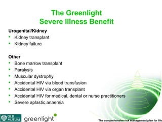 The Greenlight
               Severe Illness Benefit
Urogenital/Kidney
• Kidney transplant
• Kidney failure

Other
• Bone marrow transplant
• Paralysis
• Muscular dystrophy
• Accidental HIV via blood transfusion
• Accidental HIV via organ transplant
• Accidental HIV for medical, dental or nurse practitioners
• Severe aplastic anaemia

                                             The comprehensive risk management plan for life
 