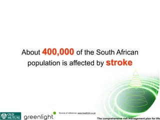 About 400,000 of the South African
 population is affected by stroke




          Source of reference: www.health24.co.za

                                                    The comprehensive risk management plan for life
 