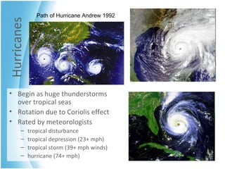 Hurricanes Begin as huge thunderstorms over tropical seas Rotation due to Coriolis effect Rated by meteorologists tropical disturbance tropical depression (23+ mph) tropical storm (39+ mph winds) hurricane (74+ mph) Path of Hurricane Andrew 1992 