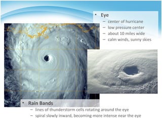 Eye center of hurricane low pressure center about 10 miles wide calm winds, sunny skies Rain Bands lines of thunderstorm cells rotating around the eye spiral slowly inward, becoming more intense near the eye 