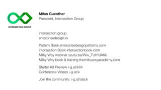 Milan Guenther
President, Intersection Group
intersection.group
enterprisedesign.io
Pattern Book enterprisedesignpatterns....