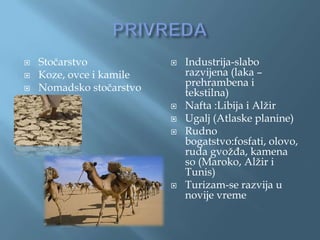    Stočarstvo               Industrija-slabo
   Koze, ovce i kamile       razvijena (laka –
   Nomadsko stočarstvo       prehrambena i
                              tekstilna)

                             Nafta :Libija i Alžir
                             Ugalj (Atlaske planine)
                             Rudno
                              bogatstvo:fosfati, olovo,
                              ruda gvožđa, kamena
                              so (Maroko, Alžir i
                              Tunis)
                             Turizam-se razvija u
                              novije vreme
 