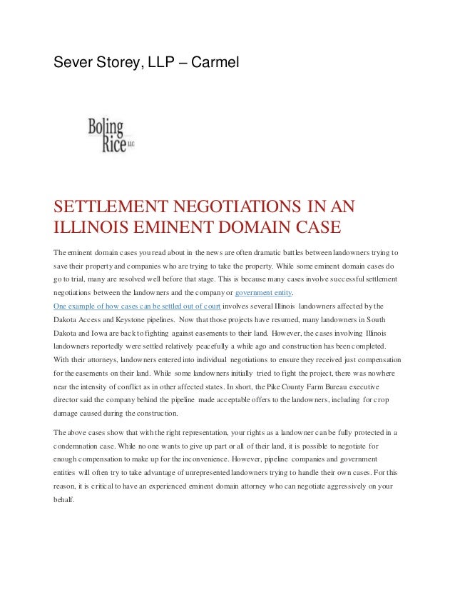 Sever storey, llp SETTLEMENT NEGOTIATIONS IN AN ILLINOIS EMINENT
