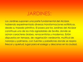 JARDINES:
Los Jardines suponen una parte fundamental del Alcázar,
habiendo experimentado diversas transformaciones estilísticas,
desde su trazado primitivo. El paseo por los Jardines del Alcázar
constituye uno de los más agradables de Sevilla, donde se
aúnan caracteres árabes, renacentistas y modernos. Están
dispuestos en terrazas, de vegetación verdeante, multitud de
naranjos y palmeras, con fuentes y pabellones donde se respira
frescor y quietud, lugar para el sosiego y descanso en la ciudad.
 