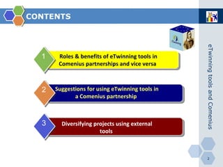 CONTENTS Roles & benefits of eTwinning tools in Comenius partnerships and vice versa   1 Suggestions for using eTwinning tools in a Comenius partnership   2 Diversifying projects using external tools 3 