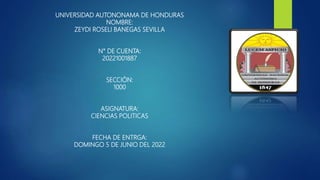 UNIVERSIDAD AUTONONAMA DE HONDURAS
NOMBRE:
ZEYDI ROSELI BANEGAS SEVILLA
N° DE CUENTA:
20221001887
SECCIÓN:
1000
ASIGNATURA:
CIENCIAS POLITICAS
FECHA DE ENTRGA:
DOMINGO 5 DE JUNIO DEL 2022
 