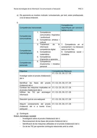 Noves tecnologies de la informació i la comunicació a l’educació                       PAC 3


   e) Els aprenents es mostren motivats i entusiasmats, per tant, estan predisposats
      a du la tasca endavant.

   f)
                                                                   Competències
        Competències transversals                                  específiques per conviure i
                                                                   habitar el món
                               1. Competència
                                  comunicativa lingüística
        Competències
                                  i audiovisual
        comunicatives
                               2. Competència artística i
                                  cultural
                               3. Tractament     de      la        7. Competència en el
                                  informació               i       coneixement i la interacció
                                  competència digital              amb el món físic
        Competències
                               4. Competència                      8. Competència social i
        metodològiques
                                  matemàtica                       ciutadana
                               5. Competència
                                  d’aprendre a aprendre
                               6. Competència
        Competències
                                  d’autonomia i iniciativa
        personals
                                  personal

        Objectius                                   Competències Bàsiques
                                                    C1, C3, C5, C6, C7, C8
        Investigar sobre el procés d’elaboració
        del vi

        Identificar les fases del procés C1, C3, C5, C6, C7, C8
        d’obtenció del vi
        Conèixer les màquines implicades en C1, C3, C5, C6, C7, C8
        el procés d’elaboració del vi
        Utilitzar les TIC per aconseguir C1, C3, C5, C6, C7, C8
        informació

        Descobrir què és una webquest               C1, C3, C5, C6, C7, C8

        Adquirir coneixements del procés C1, C3, C5, C6, C7, C8
        d’obtenció del vi a través d’una
        webquest

   g) Continguts
Entorn, tecnologia i societat:
       - Investigació sobre el procés d’elaboració del vi.
       - Reconeixement de les fases del procés d’obtenció del vi.
       - Identificació de les màquines utilitzades en el procés d’elaboració del vi.
       - Ús de les TIC per aprendre continguts relacionats amb la unitat.
 