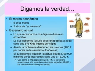 Digamos la verdad… El marco económico 5 años malos 5 años de “ya veremos” Escenario actual Lo que recaudamos nos deja sin dinero en noviembre Lo que debemos (deuda soberana) obliga a pagar cada año 575 € de interés per cápita Añadir la “soberana deuda” en los cajones (400 € per cápita en la sanidad autonómica?) Si quisiéramos “liquidar” la actual deuda (700.000 millones de €) tocaríamos cada uno a 15.000 €  Ojo; como el PIB/capita son 23.874 €, si se hiciera proporcional a la renta las enfermeras pagarían 30.000 y los médicos de 45.000 para arriba) 