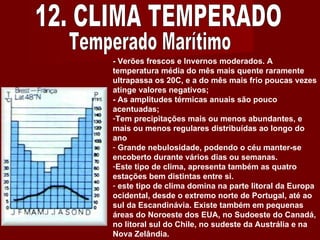 12. CLIMA TEMPERADO - Verões frescos e Invernos moderados. A temperatura média do mês mais quente raramente ultrapassa os 20C, e a do mês mais frio poucas vezes atinge valores negativos; - As amplitudes térmicas anuais são pouco acentuadas; Tem precipitações mais ou menos abundantes, e mais ou menos regulares distribuídas ao longo do ano Grande nebulosidade, podendo o céu manter-se encoberto durante vários dias ou semanas. Este tipo de clima, apresenta também as quatro estações bem distintas entre si.  este tipo de clima domina na parte litoral da Europa ocidental, desde o extremo norte de Portugal, até ao sul da Escandinávia. Existe também em pequenas áreas do Noroeste dos EUA, no Sudoeste do Canadá, no litoral sul do Chile, no sudeste da Austrália e na Nova Zelândia. Temperado Marítimo 