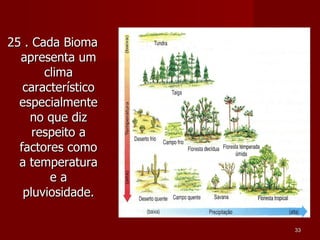 25 . Cada Bioma apresenta um clima característico especialmente no que diz respeito a factores como a temperatura e a pluviosidade. 
