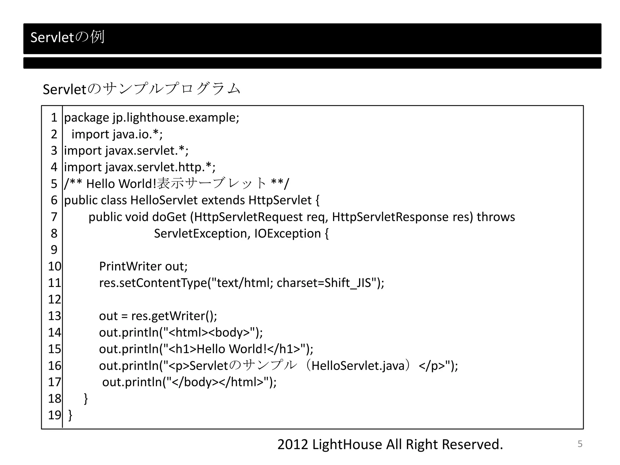2012 LightHouse All Right Reserved.
Servletの例
1 package jp.lighthouse.example;
2 import java.io.*;
3 import javax.servlet.*;
4 import javax.servlet.http.*;
5 /** Hello World!表示サーブレット **/
6 public class HelloServlet extends HttpServlet {
7 public void doGet (HttpServletRequest req, HttpServletResponse res) throws
8 ServletException, IOException {
9
10 PrintWriter out;
11 res.setContentType("text/html; charset=Shift_JIS");
12
13 out = res.getWriter();
14 out.println("<html><body>");
15 out.println("<h1>Hello World!</h1>");
16 out.println("<p>Servletのサンプル（HelloServlet.java）</p>");
17 out.println("</body></html>");
18 }
19 }
Servletのサンプルプログラム
5
 