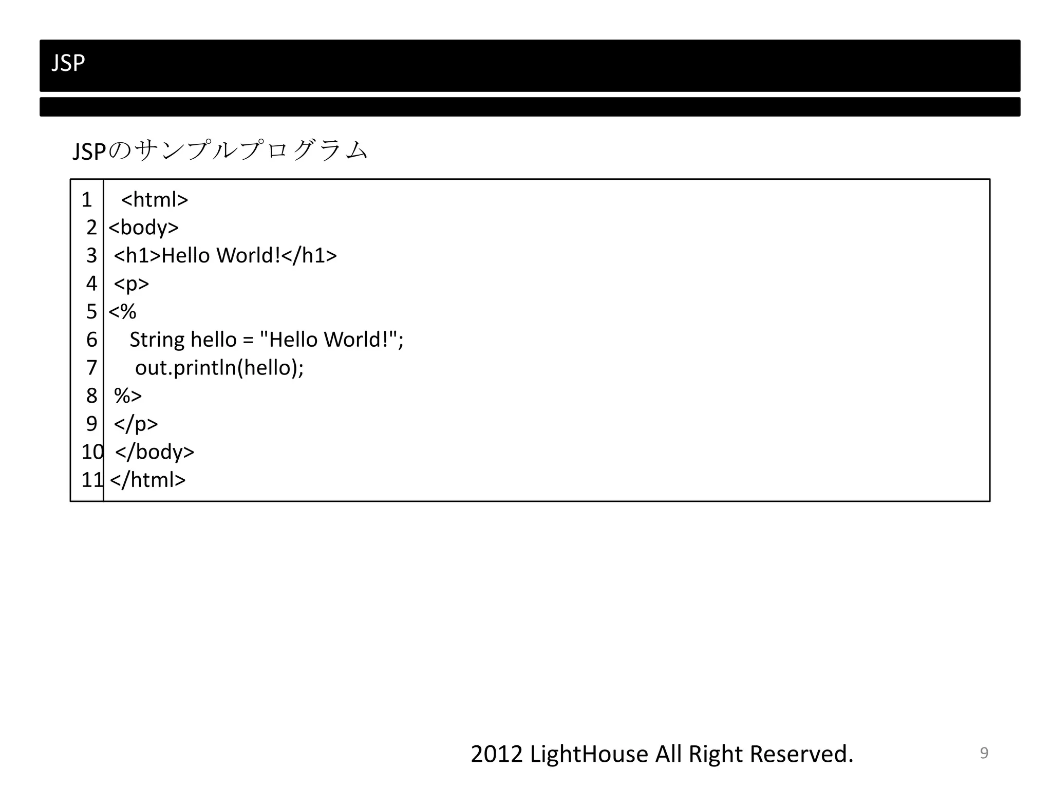 2012 LightHouse All Right Reserved.
JSP
1 <html>
2 <body>
3 <h1>Hello World!</h1>
4 <p>
5 <%
6 String hello = "Hello World!";
7 out.println(hello);
8 %>
9 </p>
10 </body>
11 </html>
JSPのサンプルプログラム
9
 