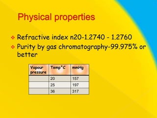 Refractive index n20-1.2740 - 1.2760
 Purity by gas chromatography-99.975% or
better


Vapour
pressure

Temp°C

mmHg

20

157

25

197

36

317

 