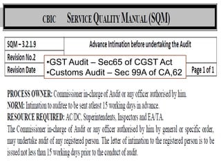 21/11/2022
Sevottam BG
•GST Audit – Sec65 of CGST Act
•Customs Audit – Sec 99A of CA,62
 