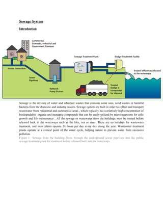 Sewage System
Introduction
Sewage is the mixture of water and whatever wastes that contains some ions, solid wastes or harmful
bacteria from the domestic and industry wastes. Sewage system are built in order to collect and transport
wastewater from residential and commercial areas , which typically has a relatively high concentration of
biodegradable organic and inorganic compounds that can be easily utilized by microorganisms for cells
growth and life maintenance . All the sewage or wastewater from the buildings must be treated before
released back to the waterways such as the lake, sea or river. There are no holidays for wastewater
treatment, and most plants operate 24 hours per day every day along the year. Wastewater treatment
plants operate at a critical point of the water cycle, helping nature to prevent water from excessive
pollution.
Figure 1 Sewage from the building flows through the underground sewer pipelines into the public
sewage treatment plant for treatment before released back into the waterways.
 