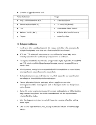 • Examples of type of chemical used:
Name of chemical Usage
• Poly Aluminum Chloride (PAC) • Act as a coagulant
• Sodium Hydroxide (NaOH) • To control the pH level
• Urea • Act as a food for the bacteria
• Sodium Chloride (NaCI) • Chlorine, kills harmful bacteria
• Polymer • Act as flocculant
C) Biological Unit Process
• Mostly used at the secondary treatment. It is because most of the solid are organic. So
biological unit process is the most cost effective and efficient to be used.
• BOD and COD are organic matters that are excreted from the human body which
normally comes from the food that they have consumed or food waste.
• The organic matter that is present in the sewage water is highly degradable. Where BOD
and COD ratio is very high. Hence by using biological process it is more efficient to
dissolve them.
• Microorganisms, mostly bacteria assists biochemical decomposition of wastewaters to
remove pollutants and produces stable end products.
• Biological unit process can be divided into two, which are aerobic and anaerobic, they
reacts based on the availability of dissolved oxygen.
• Oxygen is introduced into the wastewater where it supplies oxygen to the
microorganisms and the microorganism feeds on the organic matter and then produces
carbon dioxide.
• During this period aeration continues until complete biodegradation of BOD and at this
stage some microorganisms will die because lack of food and will help reduce the
volume of settling sludge.
• After the sludge concentration is reached, the aerators are shut off and the settling
period begins.
• Later on solid separation takes place, leaving clear treated effluent above the sludge
blanket.
 