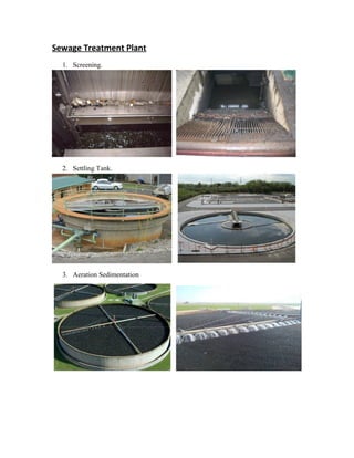 Sewage Treatment Plant
1. Screening.
2. Settling Tank.
3. Aeration Sedimentation
 
