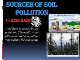 SOURCES OF SOIL
POLLUTION
1) Acid Rain
Acid Rain is caused by air
pollution. The acidic water
falls on the soil and pollutes
it by making the soil acidic.

 