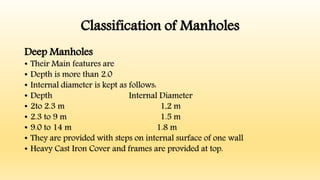 Classification of Manholes
Deep Manholes
• Their Main features are
• Depth is more than 2.0
• Internal diameter is kept as follows:
• Depth Internal Diameter
• 2to 2.3 m 1,2 m
• 2.3 to 9 m 1.5 m
• 9.0 to 14 m 1.8 m
• They are provided with steps on internal surface of one wall
• Heavy Cast Iron Cover and frames are provided at top.
 