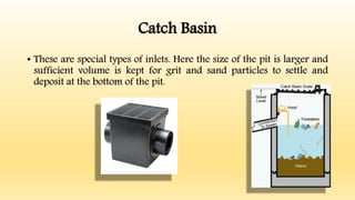Catch Basin
• These are special types of inlets. Here the size of the pit is larger and
sufficient volume is kept for grit and sand particles to settle and
deposit at the bottom of the pit.
 