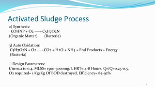 Activated Sludge Process 
2) Synthesis: 
COHNP + O2 C5H7O2N 
(Organic Matter) (Bacteria) 
3) Auto Oxidation: 
C5H7O2N + O2 CO2 + H2O + NH3 + End Products + Energy 
(Bacteria) 
Design Parameters: 
f/m=0.2 to 0.4, MLSS= 1500-3000mg/l, HRT= 4-8 Hours, Qr/Q=0.25-0.5, 
O2 required= 1 Kg/Kg Of BOD destroyed, Efficiency= 85-92% 
11 
 