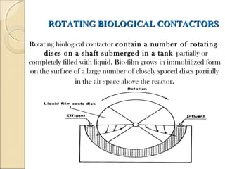 ROTATING BIOLOGICAL CONTACTORS
ROTATING BIOLOGICAL CONTACTORS
Rotating biological contactor contain a number of rotating
discs on a shaft submerged in a tank partially or
completely filled with liquid, Bio-film grows in immobilized form
on the surface of a large number of closely spaced discs partially
in the air space above the reactor.
.
 