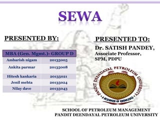 PRESENTED BY: PRESENTED TO: 
Dr. SATISH PANDEY, 
Associate Professor, 
SPM, PDPU 
MBA (Gen. Mgmt.)- GROUP D 
Ambarish nigam 20135005 
Ankita parmar 20135008 
Hitesh kankaria 20135021 
Jenil mehta 20135024 
Nilay dave 20135043 
SCHOOL OF PETROLEUM MANAGEMENT 
PANDIT DEENDAYAL PETROLEUM UNIVERSITY 
 