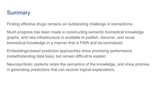 Summary
Finding effective drugs remains an outstanding challenge in biomedicine.
Much progress has been made in constructing semantic biomedical knowledge
graphs, and new infrastructure is available to publish, discover, and reuse
biomedical knowledge in a manner that is FAIR and de-centralized.
Embeddings-based prediction approaches show promising performance
(notwithstanding data bias), but remain difficult to explain.
Neurosymbolic systems retain the semantics of the knowledge, and show promise
in generating predictions that can recover logical explanations.
 