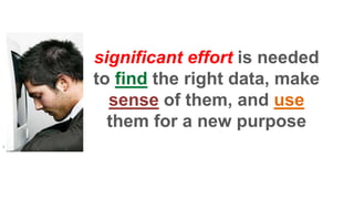significant effort is needed
to find the right data, make
sense of them, and use
them for a new purpose
5
 