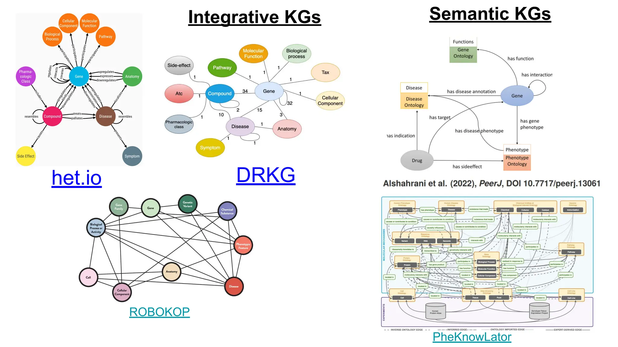 het.io DRKG
ROBOKOP
PheKnowLator
Integrative KGs Semantic KGs
 