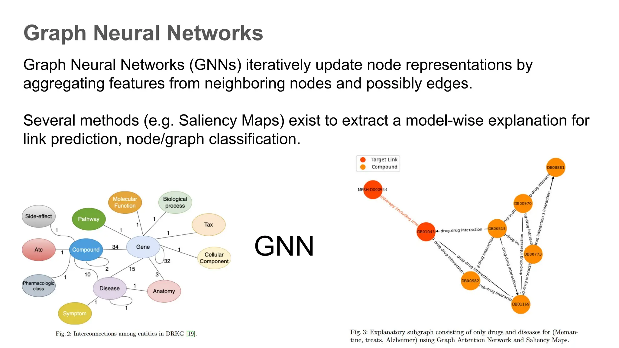 GNN
Graph Neural Networks (GNNs) iteratively update node representations by
aggregating features from neighboring nodes and possibly edges.
Several methods (e.g. Saliency Maps) exist to extract a model-wise explanation for
link prediction, node/graph classification.
Graph Neural Networks
 