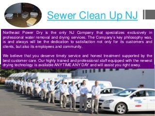 Sewer Clean Up NJ
Northeast Power Dry is the only NJ Company that specializes exclusively in
professional water removal and drying services. The Company’s key philosophy was,
is and always will be the dedication to satisfaction not only for its customers and
clients, but also its employees and community.
We believe that you deserve timely service and honest treatment supported by the
best customer care. Our highly trained and professional staff equipped with the newest
drying technology is available ANYTIME ANY DAY and will assist you right away.
 