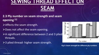 2.3 Ply number on seam strength and seam
opening [1]
Affects the seam strength.
Does not affect the seam opening.
A significant difference between 2 and 3 plied
threads.
3 plied thread- higher seam strength.
© Nazmul Shuvo
SEWING THREAD EFFECT ON
SEAM
Fig-3: Seam strength for different ply numbers
26
 