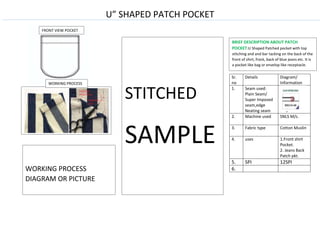 U” SHAPED PATCH POCKET
Sr.
no
Details Diagram/
Information
1. Seam used:
Plain Seam/
Super Imposed
seam,edge
Neating seam
2. Machine used SNLS M/c.
3. Fabric type Cotton Muslin
4. uses 1.Front shirt
Pocket.
2. Jeans Back
Patch pkt.
5. SPI 12SPI
6.
FRONT VIEW POCKET
WORKING PROCESS
STITCHED
SAMPLE
BRIEF DESCRIPTION ABOUT PATCH
POCKET:U Shaped Patched pocket with top
stitching and and bar tacking on the back of the
front of shirt, frock, back of blue jeans etc. It is
a pocket like bag or envelop like receptacle.
WORKING PROCESS
DIAGRAM OR PICTURE
 