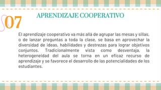 APRENDIZAJE COOPERATIVO
El aprendizaje cooperativo va más allá de agrupar las mesas y sillas,
o de lanzar preguntas a toda la clase, se basa en aprovechar la
diversidad de ideas, habilidades y destrezas para lograr objetivos
conjuntos. Tradicionalmente vista como desventaja, la
heterogeneidad del aula se torna en un eficaz recurso de
aprendizaje y se favorece el desarrollo de las potencialidades de los
estudiantes.
07
 