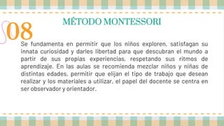 MÉTODO MONTESSORI
Se fundamenta en permitir que los niños exploren, satisfagan su
innata curiosidad y darles libertad para que descubran el mundo a
partir de sus propias experiencias, respetando sus ritmos de
aprendizaje. En las aulas se recomienda mezclar niños y niñas de
distintas edades, permitir que elijan el tipo de trabajo que desean
realizar y los materiales a utilizar, el papel del docente se centra en
ser observador y orientador.
08
 