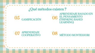 ¿Qué métodos existen ?
GAMIFICACIÓN
APRENDIZAJE BASADO EN
EL PENSAMIENTO
(THINKING BASED
LEARNING)
APRENDIZAJE
COOPERATIVO MÉTODO MONTESSORI
05 06
07 08
 
