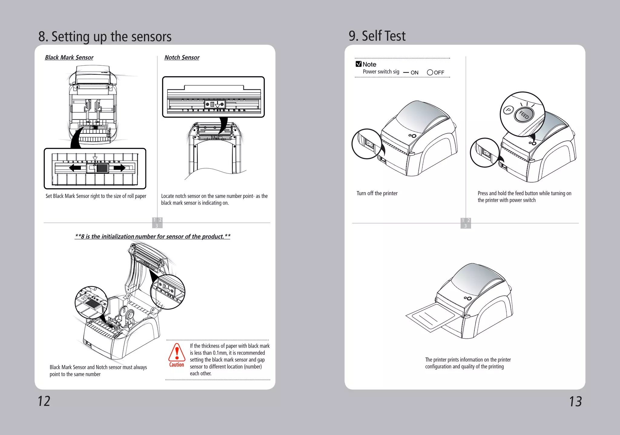 12 13
8. Setting up the sensors
1 2
3
Notch SensorBlack Mark Sensor
Set Black Mark Sensor right to the size of roll paper Locate notch sensor on the same number point- as the
black mark sensor is indicating on.
Black Mark Sensor and Notch sensor must always
point to the same number
If the thickness of paper with black mark
is less than 0.1mm, it is recommended
setting the black mark sensor and gap
sensor to different location (number)
each other.
**8 is the initialization number for sensor of the product.**
1 2
3
9. Self Test
Turn off the printer Press and hold the feed button while turning on
the printer with power switch
The printer prints information on the printer
configuration and quality of the printing
Note
Power switch sig
1 2
3
 
