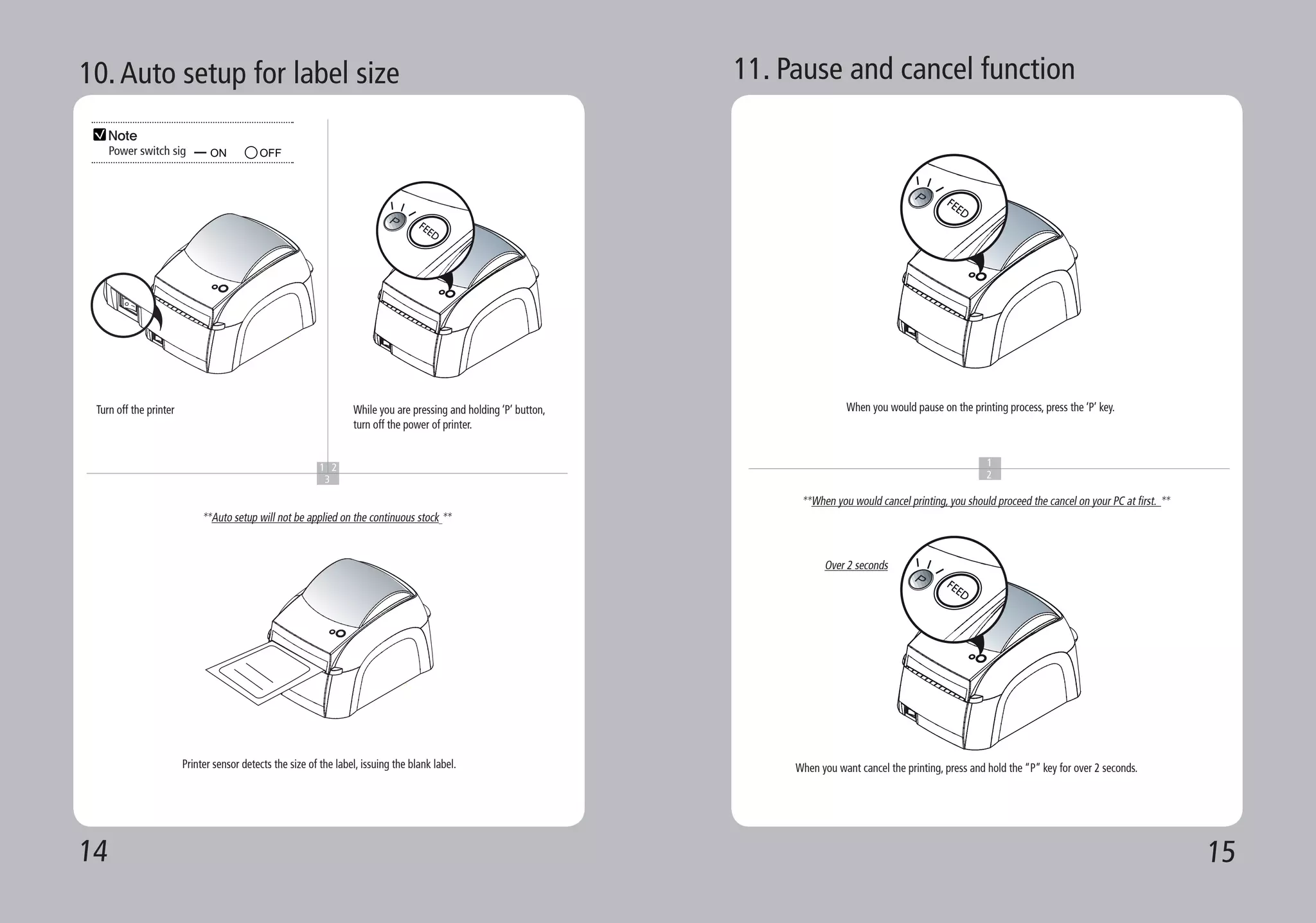 14 15
1 2
3
10.Auto setup for label size
Turn off the printer While you are pressing and holding ‘P’ button,
turn off the power of printer.
Printer sensor detects the size of the label, issuing the blank label.
1 2
3
**Auto setup will not be applied on the continuous stock **
Note
Power switch sig
1 2
3
11. Pause and cancel function
When you would pause on the printing process, press the ‘P’ key.
When you want cancel the printing, press and hold the “P” key for over 2 seconds.
1
2
**When you would cancel printing, you should proceed the cancel on your PC at first. **
Over 2 seconds
 