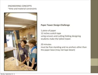 Paper 
Tower 
Design 
Challenge 
1 
piece 
of 
paper 
12 
inches 
scotch 
tape 
using 
scissors 
and 
cu3ng 
folding 
designing 
students 
make 
the 
tallest 
tower. 
20 
minutes 
must 
be 
free 
standing 
and 
no 
anchors 
other 
than 
the 
paper 
base 
(may 
not 
tape 
down) 
ENGINEERING 
CONCEPTS 
~Ime 
and 
material 
constraints 
Monday, September 22, 14 
 