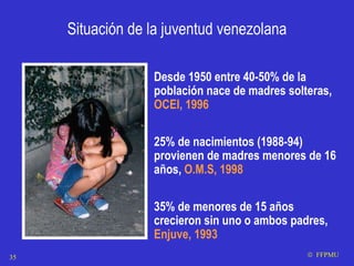 Situación de la juventud venezolana Desde 1950 entre 40-50% de la población nace de madres solteras,   OCEI, 1996 25% de nacimientos (1988-94) provienen de madres menores de 16 años,   O.M.S, 1998 35% de menores de 15 años crecieron sin uno o ambos padres,  Enjuve, 1993    FFPMU 