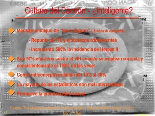 Cultura del Condón - ¿Inteligente? Mensaje ambig üo  de “Sexo Seguro”  (15 años de campaña): - Repunte de ITS y embarazos adolescentes - Incrementó 500% la incidencia de Herpes II Son 97% efectivos contra el VIH cuando se emplean correcta y consistentemente el 100% de las veces  Como anticonceptivos fallan del 10% al 30%  La mayoría de las estadísticas son mal interpretadas Promueve la promiscuidad sexual Fuente: The Medical Institute for Sexual Health, “Sexual Health Update”, Vol. 6, No. 2, 1998    FFPMU 