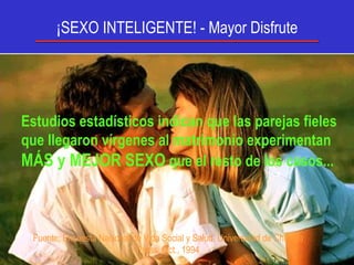 ¡SEXO INTELIGENTE! - Mayor Disfrute    FFPMU Estudios estadísticos indican que las parejas fieles que llegaron vírgenes al matrimonio experimentan  MÁS y MEJOR SEXO  que el resto de los casos... Fuente: Encuesta Nacional de Vida Social y Salud, Universidad de Chicago Press, Oct., 1994 