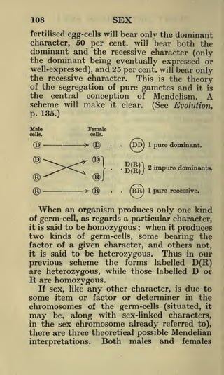 SEX

108

bear only the dominant
50 per cent, will bear both the
dominant and the recessive character (only
the dominant being eventually expressed or
well-expressed), and 25 per cent, will bear only
the recessive character. This is the theory
of the segregation of pure gametes and it is
the central conception of Mendelism. A
fertilised egg-cells will

character,

scheme

will

make

it

clear.

(See Evolution,

p. 135.)

1

2

impure dominants.

1

When

pure dominant.

pure recessive.

an organism produces only one kind

of germ-cell, as regards a particular character,
it is said to be homozygous ; when it produces
two kinds of germ-cells, some bearing the
factor of a given character, and others not,
it is said to be heterozygous.
Thus in our
previous scheme the forms labelled D(R)
are heterozygous, while those labelled
or

D

R are
If

homozygous.
sex, like any other character,

is

due to

some item or factor or determiner in the
chromosomes of the germ-cells (situated, it

may be, along with sex-linked characters,
in the sex chromosome already referred to),
there are three theoretical possible Mendelian
interpretations.

Both

males

and

females

 