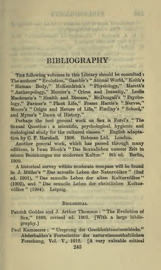 BIBLIOGRAPHY
THE following volumes

in this Library should

be consulted

:

The authors' "Evolution," Gamble's "Animal World," Keith's
"

"
"

Human Body," McKendrick's
Physiology," Marett's
"
Crime and Insanity," Leslie
Anthropology," Mercier's
"
"
Health and Disease," McDougall's
Mackenzie's
Psycho"
"
Plant Life," Fraser Harris's
Farmer's
Nerves,"
logy,"
"
"
Moore's
School,"
Origin and Nature of Life," Findlay's

and Myres's " Dawn

of History."

"

The
Perhaps the best general work on Sex is Forel's
a scientific, psychological, hygienic and
Sexual Question
English adaptasociological study for the cultured classes."
Rebman Ltd. London.
1908.
tion by C. F. Marshall.
Another general work, which has passed through many
"
Das Sexualleben unserer Zeit in
editions, is Iwan Bloch's
modernen Kultur." 9th ed. Berlin,
seinen Beziehungen zur
:

1909.

A

moderate compass will be found
"
Leben der Naturvolker
(2nd
"
ed. 1901), "Das sexuelle Leben der alten Kultur volker
"
Das sexuelle Leben der christlichen KultuBand
(1902),
historical survey within

in J. Miiller's

volker

"

Das

sexuelle

"

(1904).

Leipzig.

BIOLOGICAL
"

The Evolution of
Patrick Geddes and J. Arthur Thomson
Sex," 1889, revised ed. 1901. [With a large biblio:

graphy.]

"
Paul Kammerer
Ursprung der Geschlechtsunterschiede."
Abderhalden's Fortschritte der naturwissenschaftlichen
:

Forschung,

Vol.

V.,

1912.

245

[A very valuable

critical

 