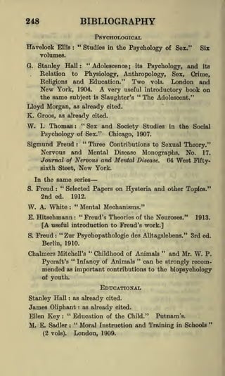 BIBLIOGRAPHY

248

PSYCHOLOGICAL
Havelock

Ellis

"

Studies in the Psychology of Sex."

:

Six

volumes.
"

Stanley Hall
Relation to

G.

:

Adolescence ;

Psychology, and its
Sex, Crime,

its

Physiology, Anthropology,

and Education." Two vols. London and
York, 1904. A very useful introductory book on

Religions

New

the same subject

is

"

Slaughter's

The Adolescent."

Lloyd Morgan, as already cited.

K. Groos, as already

W.

I.

Thomas

"
:

cited.

Sex and Society Studies in the Social

Psychology of Sex."

Sigmund Freud
Nervous and

Chicago, 1907.

"

Three Contributions to Sexual Theory."
Mental Disease Monographs, No. 17.
Journal of Nervous and Mental Disease. 64 West Fiftysixth Steet, New York.
:

S.

In the same series
"

W.

Freud
2nd

:

ed.

Selected Papers on Hysteria and other Topics."
1912.

"

A. White

Mental Mechanisms."

:

E. Hitschmann: "Freud's Theories of the Neuroses."

1913.

[A useful introduction to Freud's work.]
S.

Freud

:

"Zur Psychopathologie des

Alltagslebens." 3rd ed.

Berlin, 1910.

"

"

Childhood of Animals
and Mr. W. P.
"
"
can be strongly recomInfancy of Animals
Pycraft's
mended as important contributions to the biopsychology

Chalmers Mitchell's

of youth.

EDUCATIONAL
Stanley Hall

:

as already cited.

James Oliphant
Ellen

Key

"
:

M. E. Sadler
(2 vols).

:

:

as already cited.

Education of the Child." Putnam's.
"
"
Moral Instruction and Training in Schools

London, 1909.

 