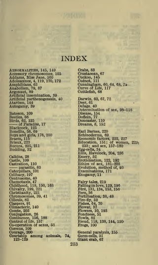 INDEX
Crabs, 83
Crustacean, 67

ABNORMALITIES, 145, 149
Accessory chromosomes, 105
Addams, Miss Jane, 160
Adolescence, 4, 119, 170, 172
Amphibians, 63
Anabolism, 79, 87
Argonaut, 89
Artificial insemination, 39
Artificial parthenogenesis, 40
Atavism, 144
Autogamy, 39

Cuckoo, 145
Cu&iot, 111

Cunningham, 60, 64,
Curve of Life, 117
Darwin, 60,

67,

72

Deer, 61
Delage, 40

Determination of sex, 98-116
Disease, 154

Bateson, 109
Beetles, 66
Birds, 62, 125
of Paradise, 17
Blackcock, 125
Bonellia, 58, 69

Boys and girls,
Braem, 115

68, 7a

Cuttlefish, 68

Doflein, 77
Doncaster, 110
Dreams, 8, 152

Earl Bames, 220
Echinoderms, 69

178, 200

Economic

Celibacy, 197

factors, 222, 227
Education, 151; of women,
233; and sex, 157-180
Egg-cells, 34
Ellis, Havelock, 204, 236
Emery, 52
Eroticisation, 122, 192
Ethics of sex, 181-203
Evolution, method of, 9$
Examinations, 171
Exogamy, 11

Centrosome, 40
Chemotaxis, 47
Childhood, 118, 150, 168
Chivalry, 199, 221
Christianity, 221

Falling in love, 129, 196
Fere, 131, 134, 153, 156
Fern, 36

Brieux, 223
Bucura, 205, 211
Budding, 32
Calkins, 28
Castle, 109
Castration, 110
parasitic, 83
Caterpillars, 101

Chromosomes,
Cilleuls,

Fairy

39, 41

48

Flower, 37
Flowers, 10, 193
Fondness, 51
Fowls, 82
Freud, 118, 138, 144, 150
Frogs, 100

Comte, 203

123-129

219

Fertilisation, 38,
Fire-fly, 52
Fishes, 64, 70

82

Claspers, 91
Climacteric, 140

Conjugation, 26
Continence, 156, 188
Control of life, 157
Co-operation of sexes, 53
Correns, 109
Courage, 200
Courtship among animals,

tales,

General paralysis, 155
Germ-cells, 31

74,

Giant crab, 67

253

220*,

 